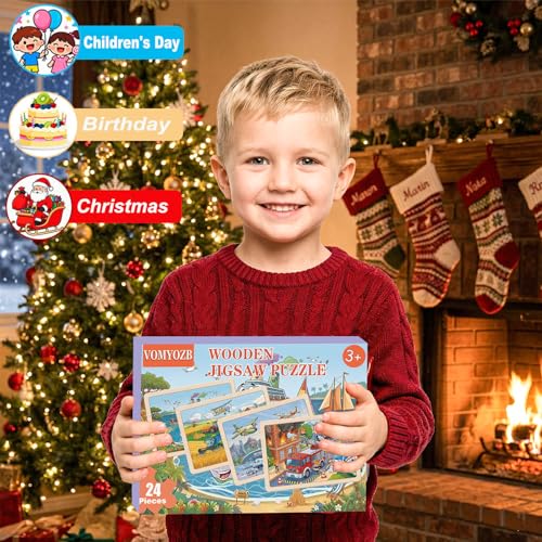 Wooden Puzzles for Kids Ages 4-6, 4 Pack with 24 Pieces Jigsaw Puzzles Preschool Educational Toys Gifts for Children Ages 3-5, Kids Toys Gifts for 4+ Year Olds Boys Girls - color: Vehicle Farm Airplane Boat