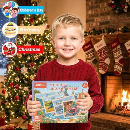 Wooden Puzzles for Kids Ages 4-6, 4 Pack with 24 Pieces Jigsaw Puzzles Preschool Educational Toys Gifts for Children Ages 3-5, Kids Toys Gifts for 4+ Year Olds Boys Girls - color: Vehicle Farm Airplane Boat