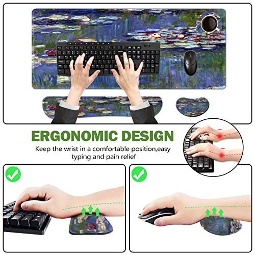 ToLuLu Extended Gaming Mouse Pad, Ergonomic Keyboard Mouse Wrist Rest Set | Large Desk Mat with Stitched Edges, Non-Slip Base Memory Foam Support Mousepad for Home Office Game, Monet Water Lilies - color: Monet Water Lilies