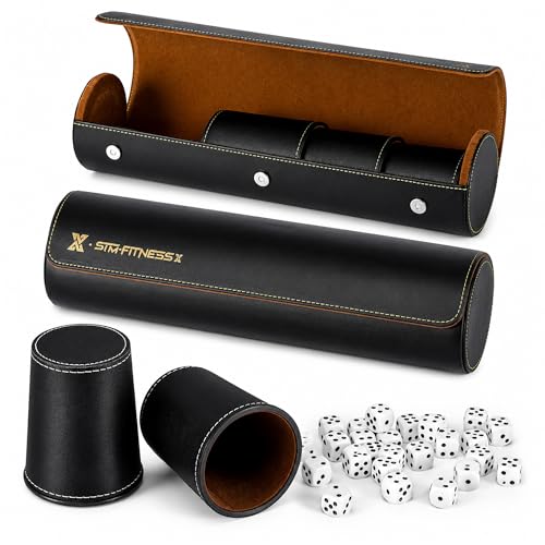 Leather Dice Cup Set, 10 Black Cups, 50 Dice with 2 Storage Travel Cases | 2 PU leather dice sets with Quiet Felt-Lined cups and cases for Liar’s Dice, craps, backgammon and party games - color: 2 Pack Black