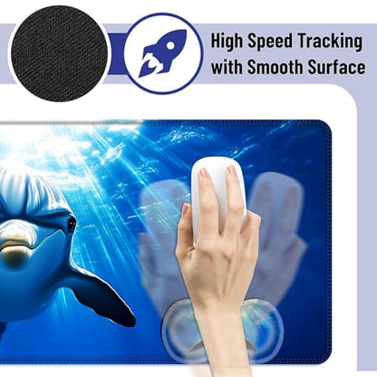 Large Mouse Pad and Keyboard Wrist Rest, Desk Pad for Keyboard and Mouse, 4-in-1 Large Gaming Mouse Pad with Wrist Support, Desk Mat for Home Office Study Game,Dolphin in Ocean - color: Dolphin in Ocean