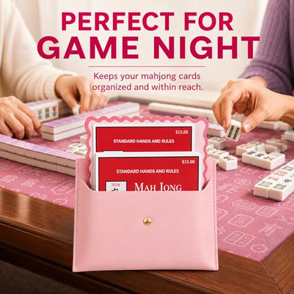 Leather Mahjong Card Clutch Pouch, 8 x 6 Inches Protective Case for American Mahjong Strategy Cards, Secure Magnetic Closure Accessories Holder, Elegant Game Night Gift (Rose Pink) - color: Rose Pink