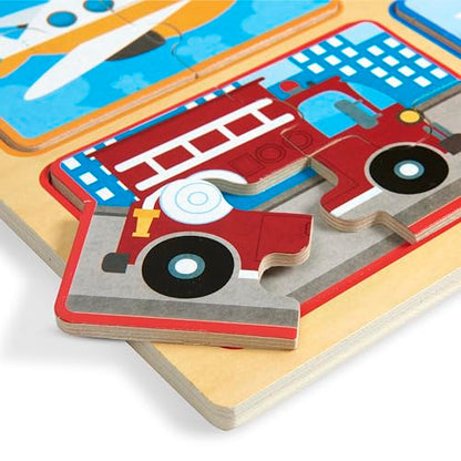 Melissa & Doug Natural Play Wooden Puzzle: Ready, Set, Go (Four 4-Piece Vehicle Puzzles)