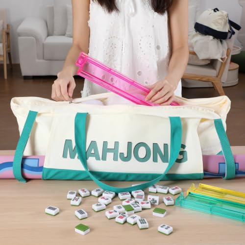 Abbylike 28x9 Inches Mahjong Bag for Rolled Mat Tiles Racks Pushers Accessories Empty Mahjong Tote Bag with Zipper Closure Outer Pockets Lining Large Capacity (Beige&Teal,Canvas) - color: Beige&teal
