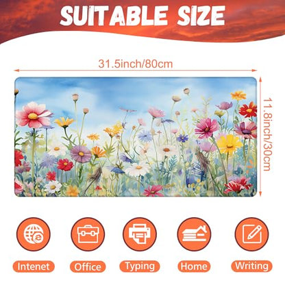 Large Gaming Mouse Pad, Colorful Wildflowers in Field Desk Mat, Watercolor Flowers Desk Pad, 31.5"x15.7" Extended Big Computer Keyboard Mouse Pad with Non-Slip Base and Stitched Edge - color: Colorful Wildflowers in Field