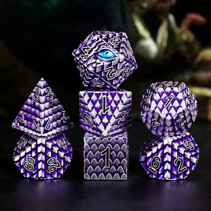 Metal Dice Set D&D,7 PCS Dragon Scale Metallic DND Dice Set,Dragon Eye Metal Dice with Grogeous Gift Case for Dungeons and Dragon Tabletop Game (Purple Dragon Scale & Blue Eye) - color: Purple Dragon Scale & Blue Eye