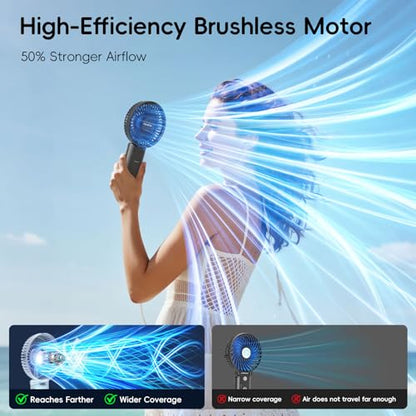 HandFan Upgraded 10,000 mAh Quiet Handheld Fan - 4.5 Inch Large Hand Held Fans Reahargeable, 180° Foldable Portable Fan [30 Working Hours] with Lanyard, Base for Disney/Travel/Concerts/Beach/Office - color: Blue‑Blade Black