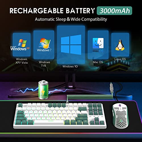 Wireless Gaming Keyboard and Custom Coiled USB C Cable,Triple Mode 2.4GHz/BT 5.0/USB-C,TKL Hot Swappable Mechanical Keyboard Yellow Switches,Rechargeable 3000mAh for PC PS5 PS4 Xbox-2 in 1 Kit - color: White green yellow switch