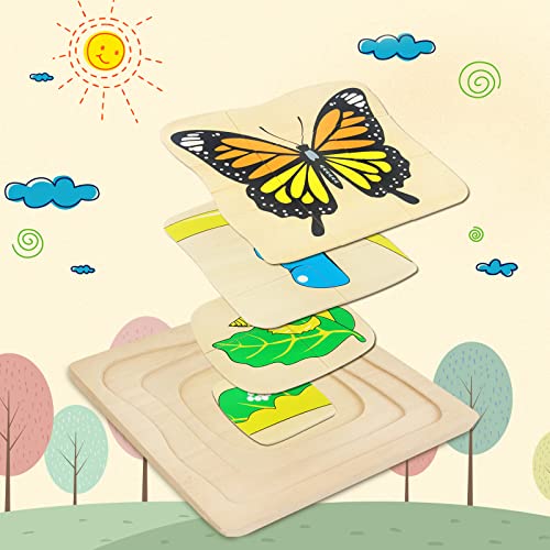 Montessori Wooden Puzzles for Kids Ages 4-8, 4 Layer Life Cycle of Butterfly Jigsaw Puzzle for Toddlers, Children Preschool Learning Educational Puzzles Spring Toys Gift for Boys and Girls (Butterfly) - style: Butterfly