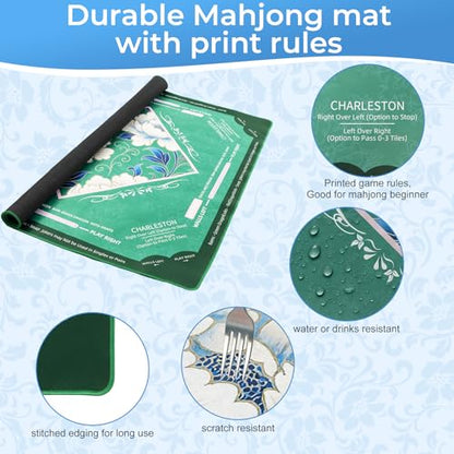 Teal American Mahjong Mat with Rules | Non Slip Noise Reduction Mah Jong Mat Mahjong Table Mat with Carry Bag for Playing Tiles Poker Board Games(Avocado Green) - color: Avocado Green