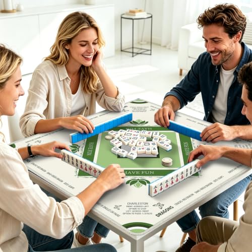 Mahjong Mat for Table with Rules, 31.5" x 31.5" Noise Reduction Non Slip Waterproof Mah Jong Table Mat with Carrying Bag, Suitable for Mahjong, Poker, Board Games, Dominoes, and Card Games(Green) - color: Green White