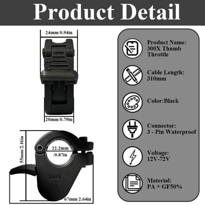 E-Bike Thumb Throttle 300X,Waterproof 3 Pin for 7/8" Handlebars | Ebike Throttle 3 Pin for 7/8inch 22mm Left and Right Handlebars for 12V/24V/36V/48V/52V/60V/72V Electric Bikes & Scooters