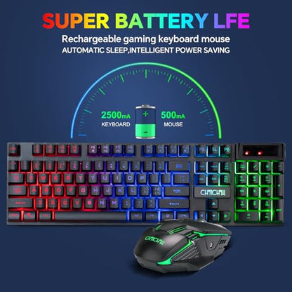 CHONCHOW USB Wireless Gaming Keyboard and Mouse Combo, LED Backlit Ergonomic Mechanical Feeling Keyboard, Rechargeable 2500mAh Battery, Anti-ghosting Keyboards 7D 3600DPI Mice for PC Gamer