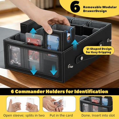 MTG Commander Deck Box with Handle, 6Removable Boxes,2-Row Case & Dice Tray | 9-in-1 Large Card Storage Box, Holds 1400+ Double-Sleeved Cards, Display Window,Mag Holders, Latch Closure,Fit TCG/EDH, Grey - color: Black