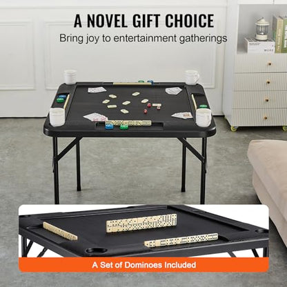 VEVOR Folding Card Table, 4 Player Portable with 4 Cup Holders & Chip Trays, Mahjong Domino Game Set, 35.4 x 35.4-inch, Black - color: Black