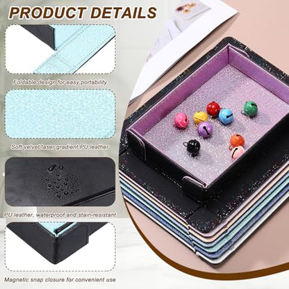 uxcell PU Leather Dice Tray, Rectangle Magnetic Folding Velvet Portable Folding Dice Rolling Tray for Table Games Keys Wallet Watch Coin, Glitter Cyan