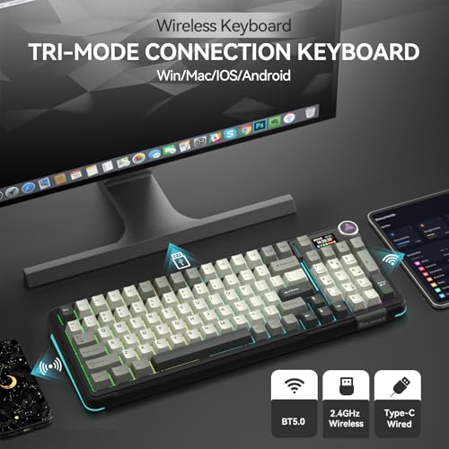 SOLAKAKA A99 Pro Wireless Mechanical Keyboard with LCD Screen & Metal Knob, 2.4GHz/BT5.0/USB-C, RGB Backlit Gaming Keyboard, Hot Swappable, Creamy Keyboard with Gasket Structure, for Win/Mac - color: Black Grey White