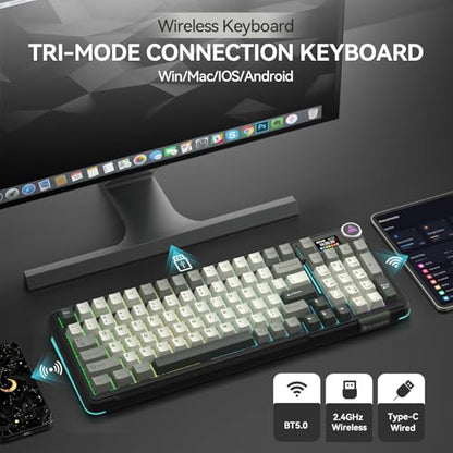 SOLAKAKA A99 Pro Wireless Mechanical Keyboard with LCD Screen & Metal Knob, 2.4GHz/BT5.0/USB-C, RGB Backlit Gaming Keyboard, Hot Swappable, Creamy Keyboard with Gasket Structure, for Win/Mac - color: Black Grey White