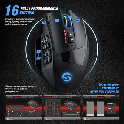 UtechSmart Venus Gaming Mouse RGB Wired, 16400 DPI High Precision Laser Programmable MMO Computer Gaming Mice - color: Classic black