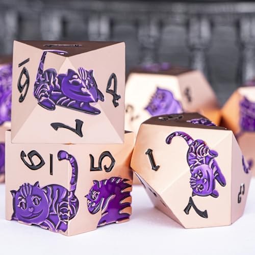 Metal DND Cat Dice 7PCS Polyhedral RPG Dice Set with Gift Case for Dungeons Dragons Role Playing Game, D and D Dice D6 D8 D10 D12 D20 D% (Copper Purple) - color: Cat-copper Purple