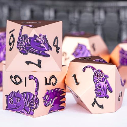 Metal DND Cat Dice 7PCS Polyhedral RPG Dice Set with Gift Case for Dungeons Dragons Role Playing Game, D and D Dice D6 D8 D10 D12 D20 D% (Copper Purple) - color: Cat-copper Purple