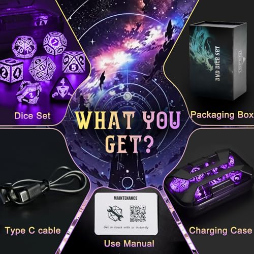 LED DND Dice Set, Light up Dice Rechargeable for RPG DM Gifts, Purple | ZHOORQI D and D Polyhedral Dice with Charging Box, Glow in The Dark Dice Easy Reading for Dungeons and Dragons TTRPG - color: Purple-shackles