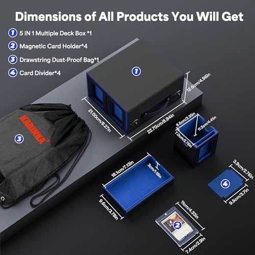 Kabinka Commander Deck Box for MTG with Handle, Multi Deck Case | with Large Dice Tray Fits 400+ Double-Sleeved Cards, 5 IN 1 TCG Card Storage Box, 35PT Card Holders (Black Blue) - color: Black Blue