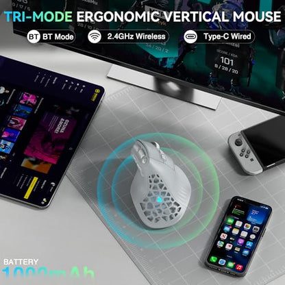 SOLAKAKA E9 PRO Ergonomic Vertical MMO Mouse with 8K Dongle, Gray-Silver | Ergonomic 45° Grip vertical,PAW3395 36000 DPI Sensor, Tri-Mode Wireless,10 Side Buttons,1000mAh Rechargeable,RGB - color: Gary