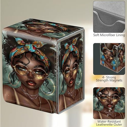 Card Deck Box, Card Storage Box Fits 100+ Single Sleeved Cards, Large Capacity PU Leather Card Storage Box with Strong Magnet for Magic Commander TCG CCG, American African Girl - color: American African Girl