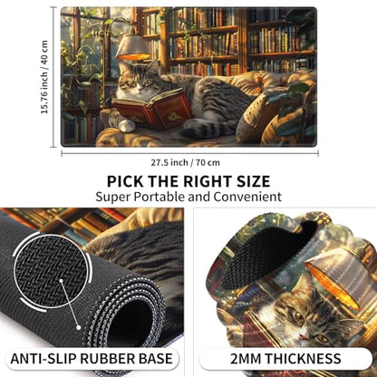 Card Playmat 70 x 40 cm Game Mats Tabletop Magic for MTG/TCG Cards, Trading Card Game Playing Stitched Commander Deck Gaming Desk Duel Mat Card Gameplay Mats, Library Cat - color: Library Cat, size: 27.5"X15.7"