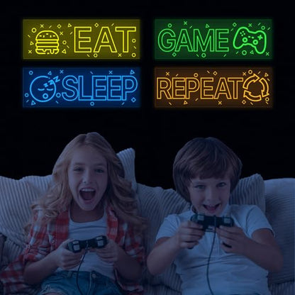 4 Pcs Glow in The Dark Neon Game Wall Stickers, Boys Gamer Room Wall Decals, EAT Sleep Game Repeat Gaming Sticker, Kids Bedroom PlayRoom Nursery Decor, Blue - color: Luminescent-043wscp-multi