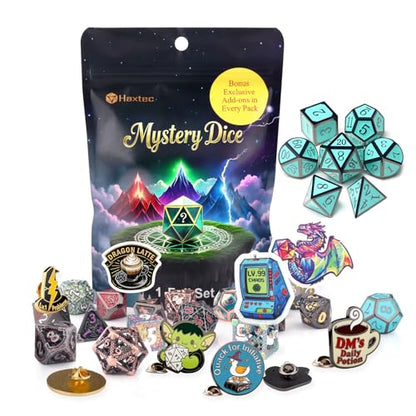 Haxtec Mystery Metal DND Dice Set 7pcs Polyhedral Dice + 3 Funny Waterproof Stickers + 1 Enamel Pin, Metal Dice for Dungeons & Dragons, Possible Hollow Dice, Great DND Gift, No Duplicates in 2/5 Packs - style: Metallic + Pin