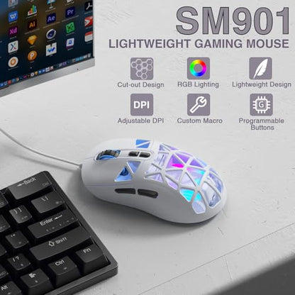 SOLAKAKA SM901 Gaming Mouse,13800DPI RGB Mouse with Programmable Buttons,53g Lightweight Wired Mouses for Gamer,White - color: white, size: SM901