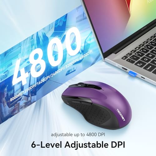 TECKNET Rechargeable Jiggler Wireless Mouse, Dual-Mode Connectivity, Purple | Silent USB A & Bluetooth Mouse, 6 Adjustable DPI, 6 Buttons, Ergonomic Design, Long Battery Life, Multi-Device Compatibility - color: Purple