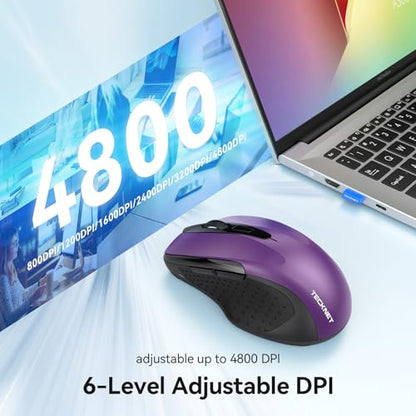 TECKNET Rechargeable Jiggler Wireless Mouse, Dual-Mode Connectivity, Purple | Silent USB A & Bluetooth Mouse, 6 Adjustable DPI, 6 Buttons, Ergonomic Design, Long Battery Life, Multi-Device Compatibility - color: Purple