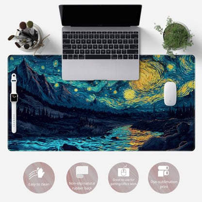 Misty Forest Desk Pad Mat Vincent Van Gogh XL Mouse Pad Gaming Playmat Large Mousepad XXL Desk Laptop Pad Equipped with Waterproof Storage Bag Non-Slip Stitched Edges (31.5x15.7 in) - color: D-blue Enchantress