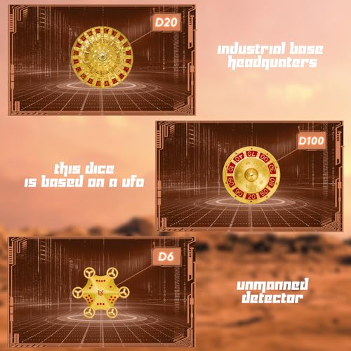 Unique Pioneer Dice Zinc Alloy Metal Dice Set 7pcs DND Dice Mars Planet Theme Polyhedral RPG Dice Set for Dungeons and Dragons Tabletop GamingRocket and UFO Design (Golden) - color: Golden
