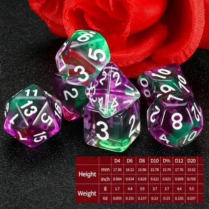 QMAY DND Dice Set -D&D Polyhedral Dice (7 Pcs) for Dungeons and Dragons (Purple Green Transparent) - color: Purple Green Transparent
