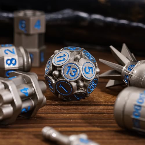 UDIXI Metal Dice Set 7PCS, Nickel Polyhedral D&D RPG Dice for Tabletop Game | Bomb Shape, Blue Numbers, Solid Metal, Cool Design, Leather Pouch Pakaging, for Dungeons and Dragons Role Playing Games - color: Nickel Blue