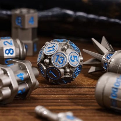 UDIXI Metal Dice Set 7PCS, Nickel Polyhedral D&D RPG Dice for Tabletop Game | Bomb Shape, Blue Numbers, Solid Metal, Cool Design, Leather Pouch Pakaging, for Dungeons and Dragons Role Playing Games - color: Nickel Blue