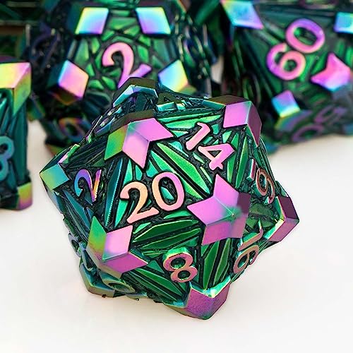 7PCS Metal DND Dice Set with Box, Debris RPG Red D and D Dice for use with D&D Tabletop Games Role Playing Game Polyhedral Dice Set D20 D12 D10 D8 D6 D4 - color: Dazzling Green