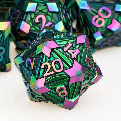 7PCS Metal DND Dice Set with Box, Debris RPG Red D and D Dice for use with D&D Tabletop Games Role Playing Game Polyhedral Dice Set D20 D12 D10 D8 D6 D4 - color: Dazzling Green