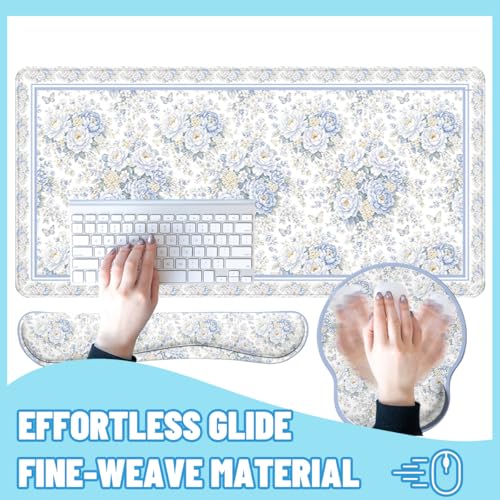 Blue Rose Desk Mat Set White Floral Large Mouse Pad with Wrist Rest 4in1 Desk Mat for Desktop Ergonomic Computer Desk Arm Wrist Anti-Slip Computer Ergonomic Mouse Pad Home Office Gaming - color: Blue Rose