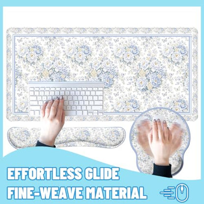 Blue Rose Desk Mat Set White Floral Large Mouse Pad with Wrist Rest 4in1 Desk Mat for Desktop Ergonomic Computer Desk Arm Wrist Anti-Slip Computer Ergonomic Mouse Pad Home Office Gaming - color: Blue Rose