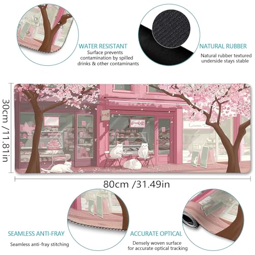LIMKRIAN Cat Mouse Pad, Large Desk Mat, 31.5 x 11.8 in Pink Cherry Blossom | Stitched Edges, Non-Slip, Keyboard Mouse Pad, Computer Mouse Pads for Desktop, Cute Office Desk Accessories for Women - color: Japanese Dessert House