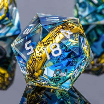 OUKELANWO Magic Lord Rings DND Dice Set with Box, 7Pcs Resin LOTR D&D Dice Set for Role Playing Game, Blue Dungeons Dragons D and D Sharp Edge Dice D20 D12 D10 D8 D6 D4 - color: Blue & White