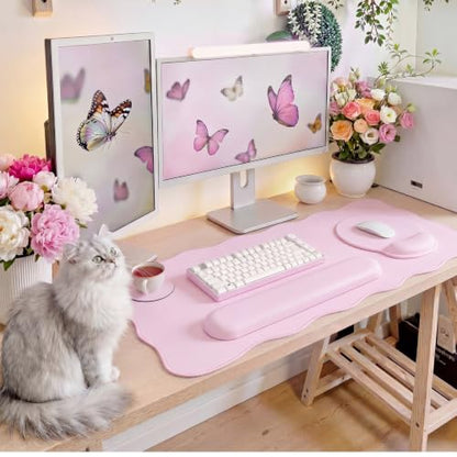 Sabary Scalloped Desk Mat Keyboard Mouse Pad Set 35.5 x 15.7 Inch Pink Preppy Table Mat Keyboard Wrist Rest Cute Aesthetic Mouse Pad with Wrist Rest Coaster Ergonomic Non-Slip Waterproof Gaming Desk - color: Pink, size: 35.5 x 15.7 Inch