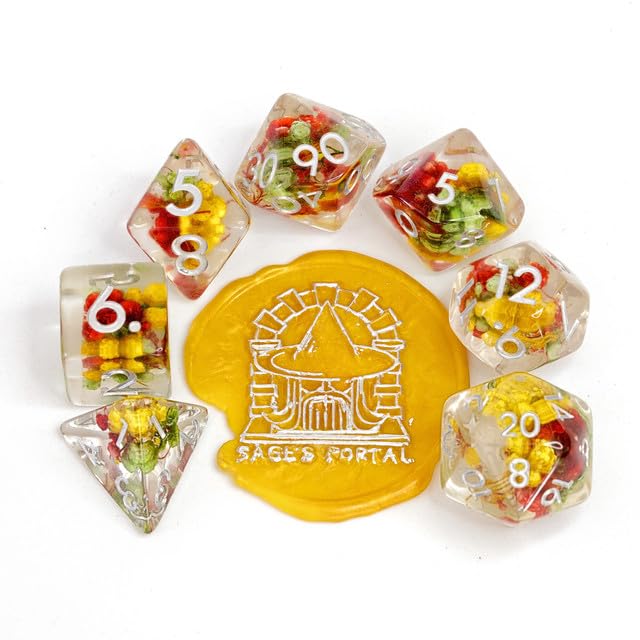 Sage’s Portal Cantrips DND Dice Set - Round Edge Resin 7-PC Polyhedral DND Dice Set for Dungeons and Dragons D&D RPG Tabletop TTRPG (Red/Yellow/Green Flowers) - color: Tri Flowers