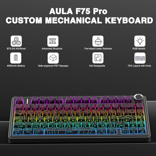 AULA F75 Pro Wireless Mechanical Keyboard with Knob,75% Hot Swappable Custom Gaming Keyboards,RGB Backlit,Pre-lubed Switches,Side Printed PBT Keycaps Creamy Sounding Computer Keyboard, Line Black - color: F75 Pro-Line Black