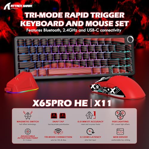 Attack Shark X65PRO HE & X11 Gaming Combo–Hall Effect Magnetic Keyboard & Superlight Mouse with RGB Charging Dock,8KHz Polling 22K DPI,Tri-Mode Wireless,Hot-Swappable,for Win/Mac/Linux (Black Red)